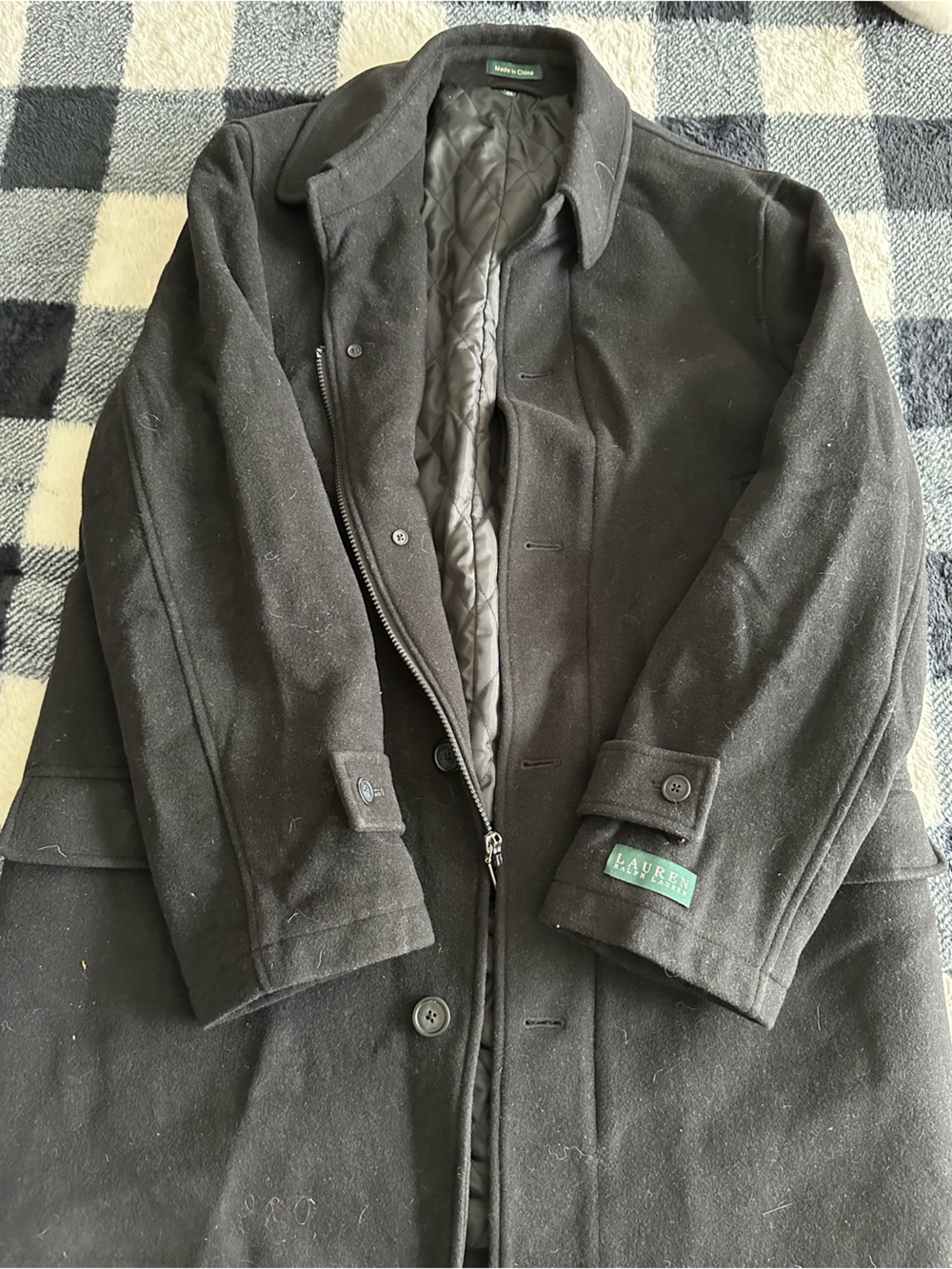 Ralph Lauren Black Men's Wool Blend Pea Coat with Quilted Lining